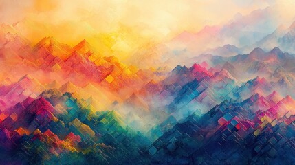 Obraz premium Colorful mountain landscape painted with vivid brushstrokes during a vibrant sunrise over majestic peaks