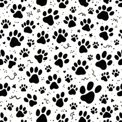 Fototapeta premium Seamless Pattern of Black Paw Prints on White Background