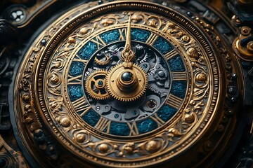 Obraz premium Intricate golden clock face with blue accents, showcasing gears and Roman numerals, in detail
