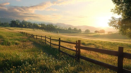Obraz premium Serene Sunrise over Rolling Hills and Fence