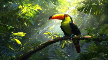 Obraz premium Vibrant Tropical Toucan Perched on Branch in Lush Green Jungle with Sunlight Filtering Through Leaves