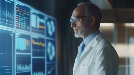 Physician standing in front of a glowing medical dashboard displaying clinic performance metrics, data-driven healthcare business.