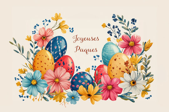 Joyeuses Paque french greeting card.  Colorful Easter eggs surrounded by vibrant flowers for a festive celebration