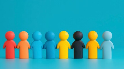 Colorful Figures Holding Hands on Blue Background Representing Diversity and Unity