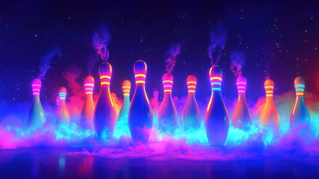 Neon bowling pins, cosmic smoke, game night