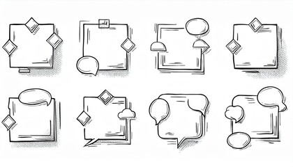 Quote box sketch, text frame set. Hand drawn scribble doodle style quote box, text border with square, speech bubble, cloud shape. perfect any project.