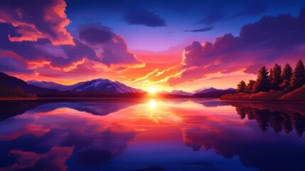 Naklejka premium Breathtaking sunset over a tranquil lake surrounded by mountains, reflecting vibrant colors of orange, pink, and purple in the sky. A perfect nature scene for relaxation.