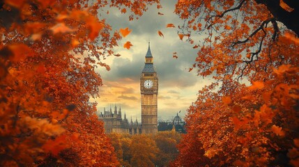 Iconic Big Ben Surrounded by Vibrant Autumn Leaves in London, UK Landscape