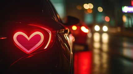 Heart-Shaped Taillight Radiating Affection on a Rainy City Night
