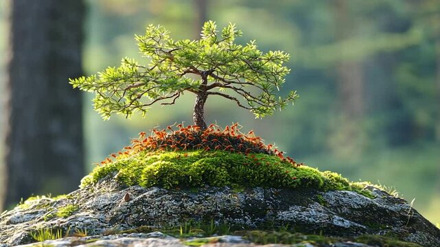 Miniature pine tree on mossy rock, forest background, nature serenity, meditation