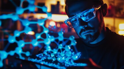 Scientist holding a digital tablet with a real-time molecular structure simulation, advanced medical and chemical research concept.