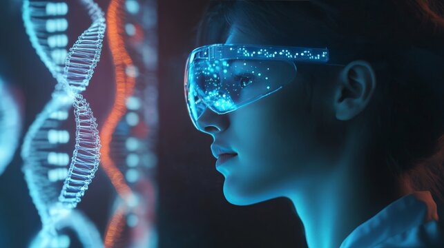 Scientist wearing augmented reality (AR) glasses, analyzing a glowing 3D DNA model, high-tech genetics research.
