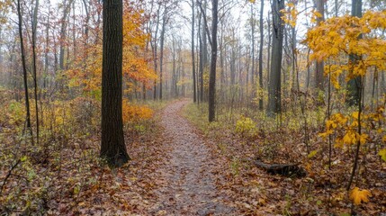 Obraz premium Autumn trail, misty forest path, fall leaves