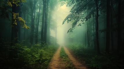 Obraz premium Misty Forest Trail Through Woods with Fog and Sunlight