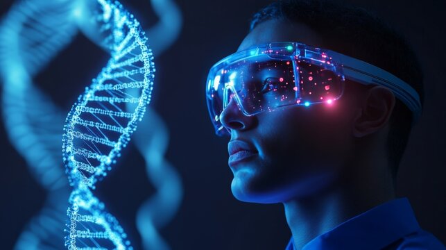 Scientist wearing augmented reality (AR) glasses, analyzing a glowing 3D DNA model, high-tech genetics research.