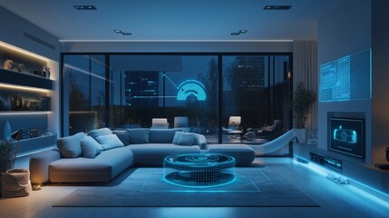 Fototapeta premium Smart home interior with voice-controlled lighting, hidden storage, and AI-powered ambient adjustments, sleek and high-tech.