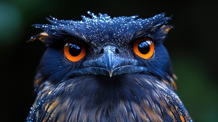 Majestic owl with striking orange eyes perched quietly under the forest canopy at dusk showcasing its stunning plumage