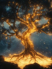 Obraz premium Glowing tree roots magical night scene