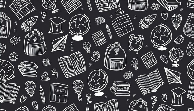 Back to school seamless pattern doodle. Hand drawn line doodle sketch style back to school background. Hand drawn book, bag, globe education chalkboard background. Vector illustration.