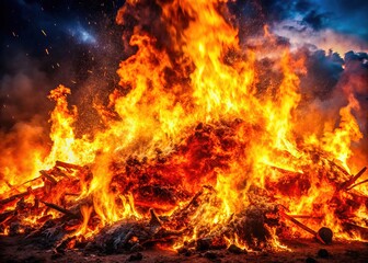 Intense burning flames, dynamic sparks, vast fire scene.