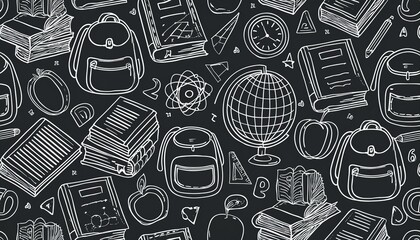 Back to school seamless pattern doodle. Hand drawn line doodle sketch style back to school background. Hand drawn book, bag, globe education chalkboard background. Vector illustration.