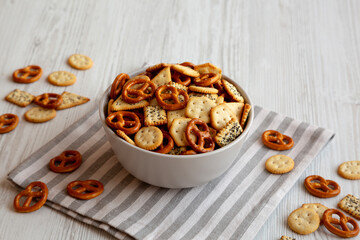 Homemade Salty Party Snack Mix in a Bowl, side view.