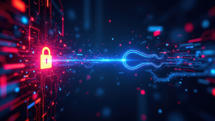 Obraz premium High-tech digital cyber lock with glowing neon wires against dark background for cybersecurity concept.
