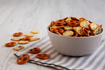 Homemade Salty Party Snack Mix in a Bowl, side view.