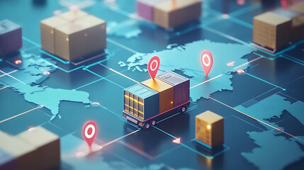 A blockchain-powered supply chain visual with digital markers on a global map