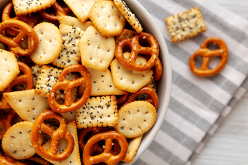 Homemade Salty Party Snack Mix in a Bowl, top view.
