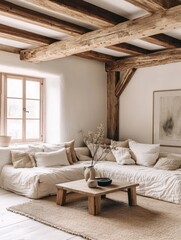 Bright cozy living room features wooden beams and corner sofa