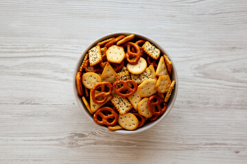 Homemade Salty Party Snack Mix in a Bowl, top view.