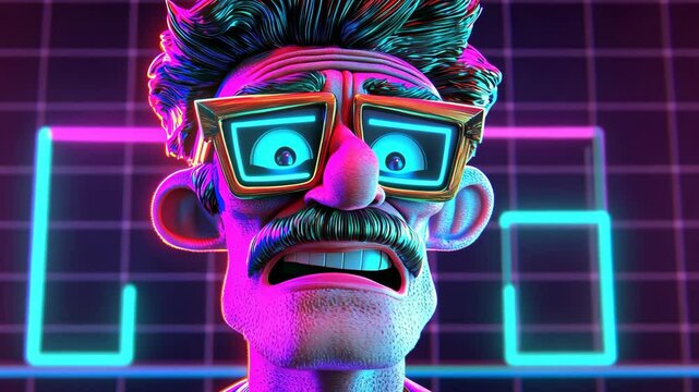 Quirky animated character with vibrant glasses and shocked expression against a neon background