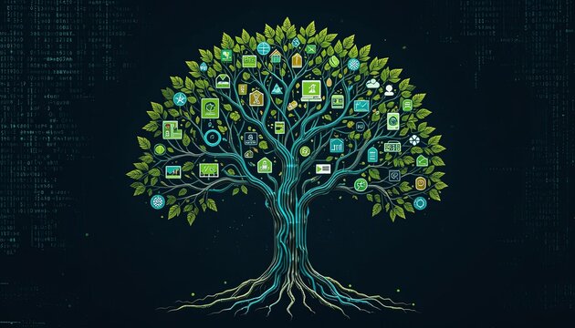 Digital tree of knowledge iconic data representation virtual environment infographic style