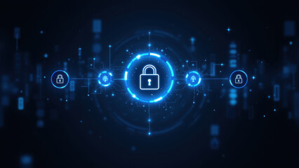 Blue cyber security lock with digital connections on dark background.