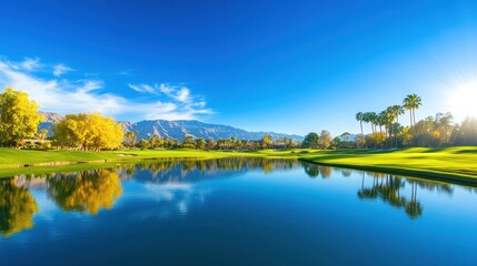 Obraz premium Serene Golf Course Lake with Palm Trees and Blue Sky Reflection in Afternoon Sunlight