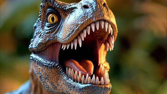 A highly detailed dinosaur model, resembling a T-Rex, showcasing its fierce teeth and expressive features against a blurred background.