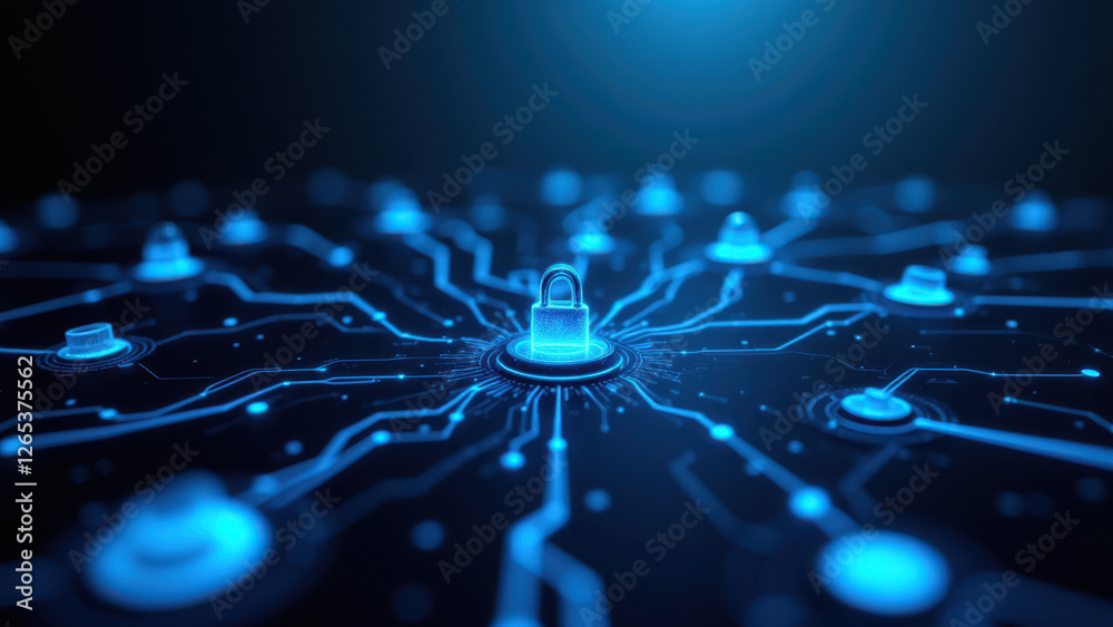 Wall mural A close-up digital illustration featuring a central lock icon surrounded by network nodes and circuit lines, symbolizing cybersecurity and internet security.