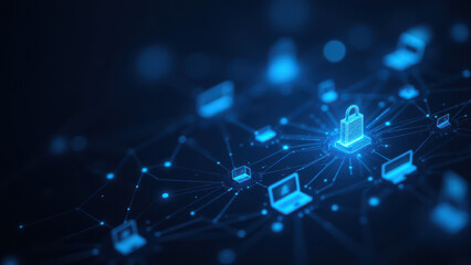 Blue cyber network with secure lock symbolizing digital security and protection of information.