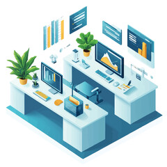 Obraz premium A vector of a 3D isometric office setup with computers, plants, and charts