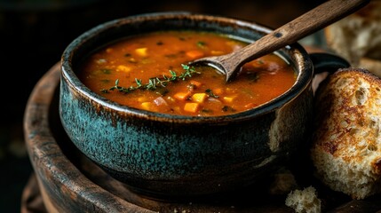 Hearty vegetable soup, rustic bowl, toasted bread