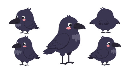 Detailed vector illustration of playful cartoon crows in various poses showcasing flat design style