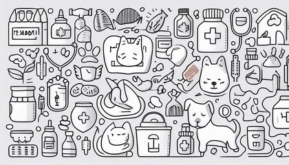 Pet veterinary clinic line icon set. Sick pet, animal, cat, dog for veterinarian sticker template. Doodle line style animal and character. Vector illustration.