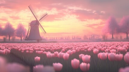 Beautiful tulip flower field with vintage wooden windmill in Spring.
