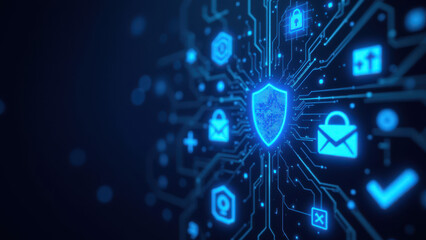 Digital shield icon with network connections representing Internet Security.