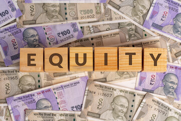 Equity Word on Wooden Cubes with Indian Currency Background | Financial Growth Concept