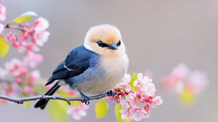 Obraz premium Small fluffy bird perches on a blooming cherry blossom branch during spring.