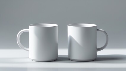 Obraz premium Two blank white ceramic mugs mockup on grey background