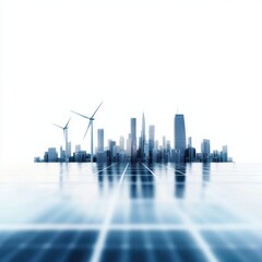 Obraz premium A futuristic cityscape features skyscrapers, wind turbines, and a reflective grid, symbolizing sustainability and innovation in urban development.