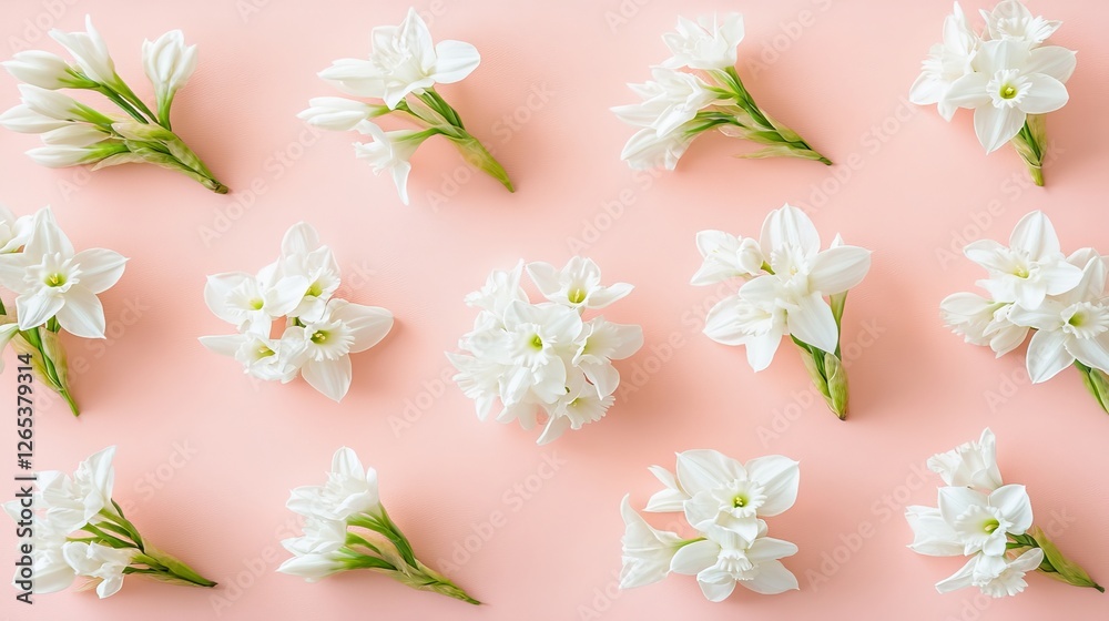 Canvas Prints Spring Floral Pattern Delicate White Narcissus Blooms Arranged on a Pastel Pink Background